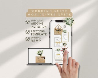 May include: A digital wedding invitation suite displayed on a smartphone and laptop. The suite includes an interactive wedding invitation, a 5-section template, and an embedded RSVP. The design features floral accents and elegant fonts.
