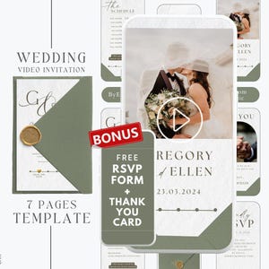 Digitales Video zur Hochzeit in Salbeigrün mit Rsvp-Vorlage und Umschlag, animiertes grünes Foto-Hochzeitseinladungs-Vorlagenset MW1