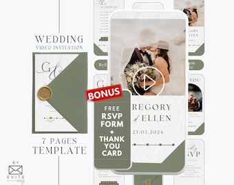 Digital sage green wedding invitation video with rsvp template and envelope, animate green photo wedding invitation suite template set MW1