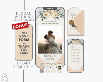 May include: A floral wedding video invitation template with a bonus RSVP form and thank you card. The template features a photo of a couple in a field with a floral design and the text "You are invited to the wedding of Nicole & Joshua".
