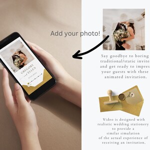 May include: A smartphone screen displaying a wedding invitation with a photo of a couple, the text "GREGORY and ELLEN 21.05.2024", and a gold background. The text "Add your photo!" is displayed above the phone.