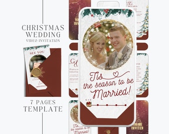 May include: A 7-page Christmas wedding video invitation template with a red and gold color scheme. The template features a photo of a couple in a circle with the text "Tis the season to be Married!" and a progress bar at the bottom. The template also includes a "See You" card with a wax seal and a "The Details" card with a Christmas tree design.