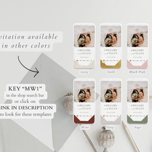 May include: Six wedding invitation templates in different colours: ivory, gold, blush pink, wine, grey, and sage. Each template features a photo of a couple holding a bouquet of flowers and the text "Gregory & Ellen" with a date.