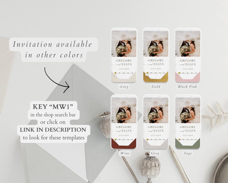 May include: Six wedding invitation templates in different colours: ivory, gold, blush pink, wine, grey, and sage. Each template features a photo of a couple holding a bouquet of flowers and the text "Gregory & Ellen" with a date.