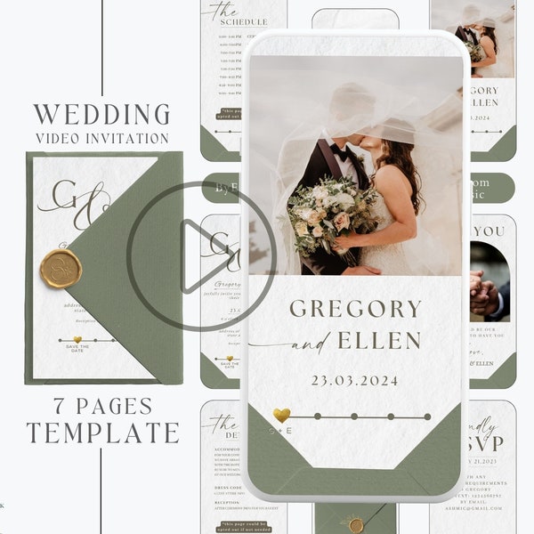 Digital sage green wedding invitation video with rsvp template and envelope, animate green photo wedding invitation suite template set MW1