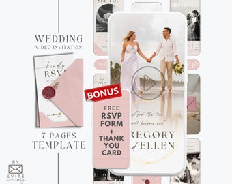 digital blush pink Wedding Invitation template with envelope, animated pink wedding invitation suite, photo Wedding video invitation, MW12