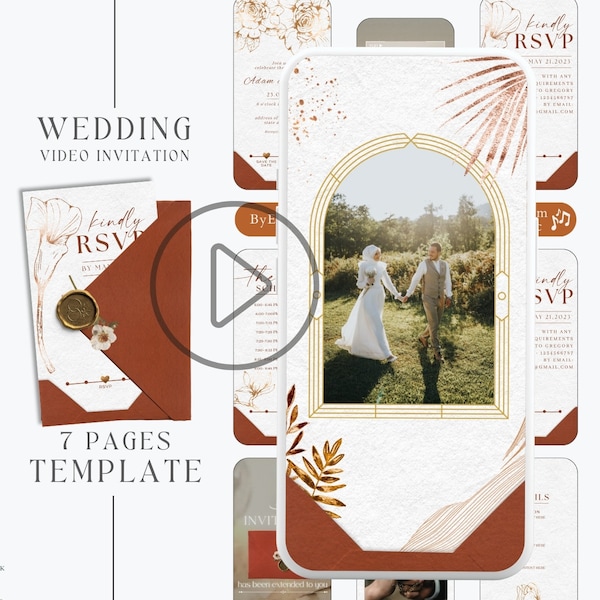 digital terracotta Wedding Invitation template with envelope, photo Wedding video invitation, animated burnt orange invitation suite, MW10