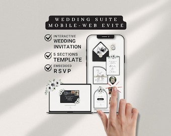 Minimalistische schwarze Blumenhochzeitseinladung Vorlage, digitale schwarze Hochzeitswebsite, digitale Hochzeitseinladung Vorlage