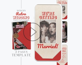 Modern retro wedding invitation template, funky wedding video invitation, digital bright wedding invite, bold colourful wedding evite, RW1