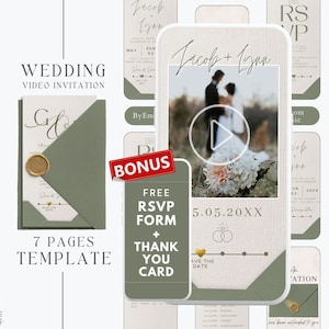 Digitales Video zur Hochzeitseinladung in olivgrünem Stil mit Rsvp-Vorlage und Umschlag, animiertes Hochzeitseinladungs-Vorlagenset für die Hochzeitseinladung, MW8