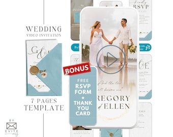 May include: A wedding video invitation template with a blue and white color scheme. The template includes a video player, a RSVP form, and a thank you card. The text on the template reads "Wedding Video Invitation", "7 Pages Template", "Bonus", "Free RSVP Form", "Thank You Card", "And the two all become one", "Gregory & Ellen", "Findly RSVP", "From Music", "CE", "Tails", and "By Evite Only".