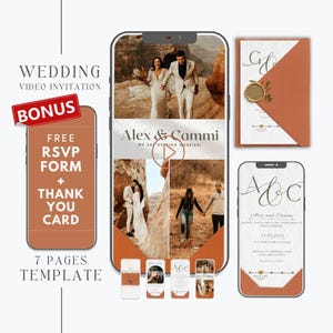 Video zur Hochzeit in orange mit Antwort-Vorlage, animierte Hochzeitseinladung mit Terrakotta-Foto, digitale Hochzeitseinladung im Herbst