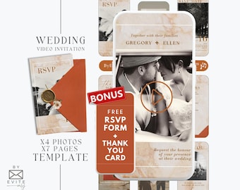 May include: A wedding video invitation template with a marble background and a photo of a couple. The template includes a play button, the couple's names, and the text "Together with their families". The template also includes a free RSVP form and thank you card.