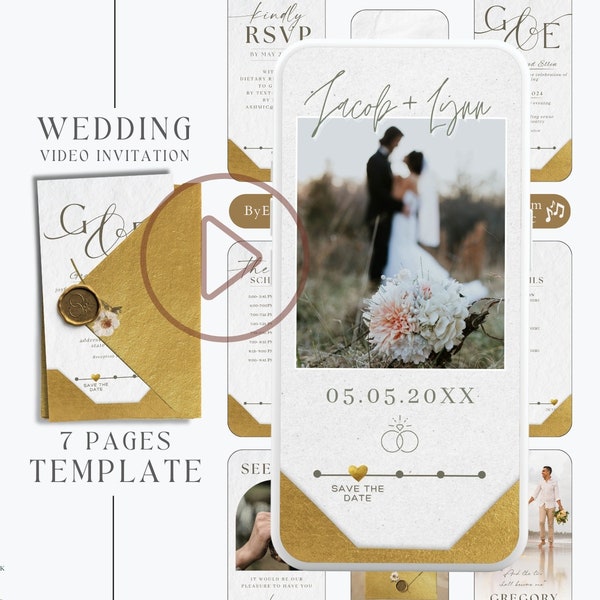 Digital gold wedding invitation suite and rsvp template set, animate gold wedding video invitation with envelope, classy wedding evite MW8