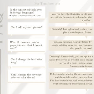 May include: A frequently asked questions (FAQ) graphic with a white background and black text. The graphic lists questions and answers about customizing an invitation template. Questions include: Is the content editable even in foreign languages? Can I add my own photos? What if there are certain pages/element that I do not need? Can I change the invitation song? Can I change the envelope color or color theme?