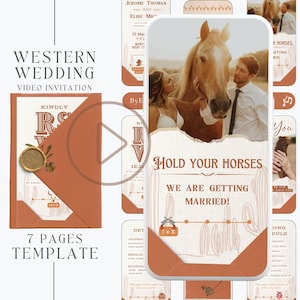 Digital cowboy western wedding invitation video with rsvp template, animate terracotta wedding invitation suite template set