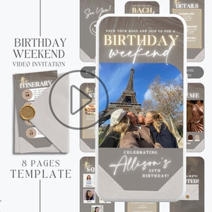 digital birthday weekend invitation video with itinerary, animated girls trip invitation, editable birthday travel itinerary template