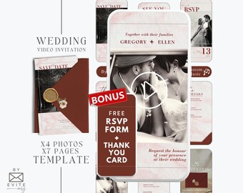 digital burgundy Wedding Invitation template with envelope, animated photo wedding video invitation, red  wedding invitation suite, MW11