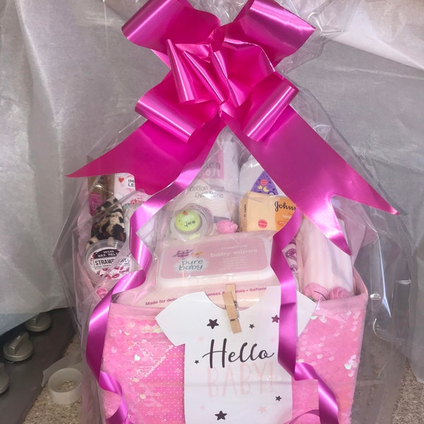 Gorgeous New Mum and Baby Pamper Hamper - Pamper treats - Baby girl - New Mummy in a sequin basket baby shower gift