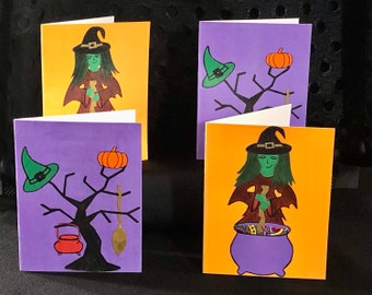 Halloween cards set of 4 | Witch Card | Handmade Halloween Cards | Fun Halloween Cards | Halloween Greeting Cards