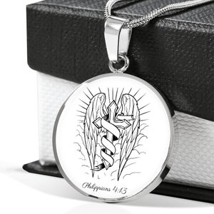 Cross and Angel Wing Necklace | Philippians 4:13 Cross Necklace | God With Us Necklace | Christian Jewelry