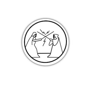 May include: Black and white line art illustration of two figures facing each other, one with a cape and the other with a robe, holding light sabers crossed in the middle. The background is white.