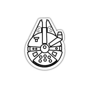 Può includere: Un disegno in bianco e nero del Millennium Falcon, la nave spaziale di Star Wars. La nave è rappresentata di profilo, con la sua cabina di pilotaggio iconica e i dettagli del motore visibili.