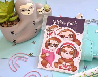 Sloth Sticker Pack - Laptop Stickers, Water bottle Stickers, Reading Sloth, Gamer Sloth, Yoga, Baby Sloth, Cup of Sloth, Donut, Lazy Sloth