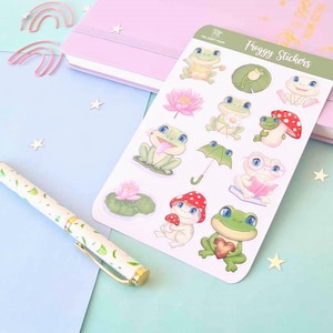 Froggy Sticker Sheet - Frog Lilly pad, Toadstool, Kawaii Frogs, Water Bottle Decal, Planner Sticker, Green Frogs, Frog Lover Gift, Froggo