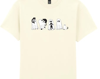 Camiseta de Halloween de fantasma y gato, camiseta de temporada espeluznante