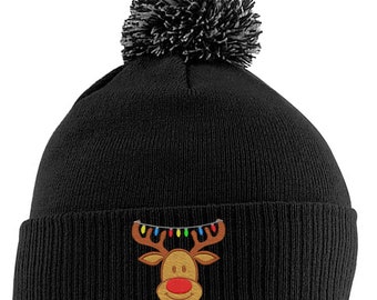 Reindeer Christmas Embroidered Pom Pom Beanie Hats