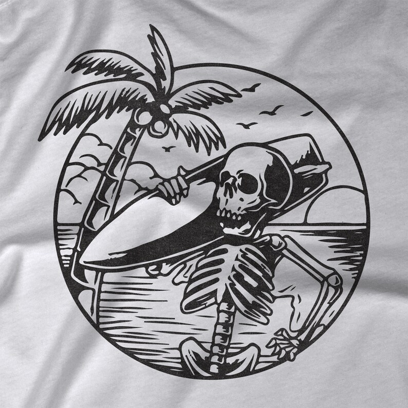 May include: Black and white illustration of a skeleton surfing on a wave with a palm tree in the background.