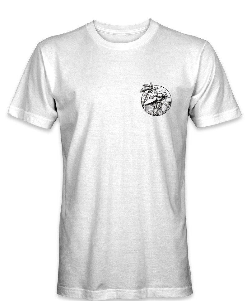 May include: White t-shirt with a black and white graphic of a skeleton surfing on a beach with a palm tree.