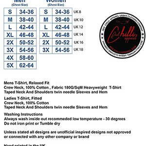 May include: Size chart for t-shirts with measurements in inches for men and women. The chart shows chest sizes from S to 5X. The chart also includes UK sizes for women. The text below the chart describes the t-shirt material and fit, washing instructions, and notes that all designs are unofficial.