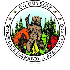 May include: A circular sticker featuring a brown bear standing by a campfire, holding a bottle. The scene includes an orange tent, a red backpack, and green pine trees. The text reads: GO OUTSIDE, WORST CASE SCENARIO, A BEAR KILLS YOU.