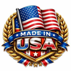 May include: A circular emblem featuring a waving American flag at the top, centered over a shield with red and white stripes and a white star. A blue ribbon across the center displays the text MADE IN USA in bold, metallic, white-outlined letters.