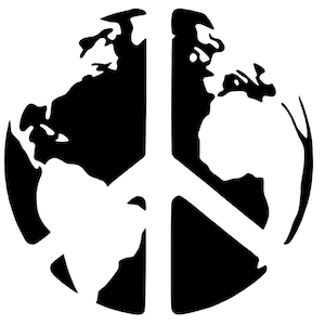 May include: Black and white peace sign superimposed over a silhouette of the Earth.