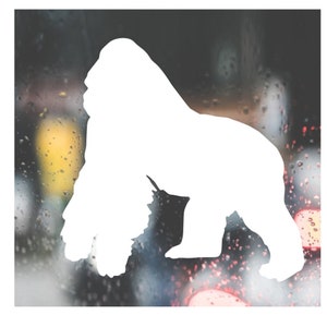 May include: A white silhouette of a gorilla in a side profile. The gorilla is standing on all fours. The background is blurred with a mix of colors, including yellow, red, and blue, suggesting a city scene.