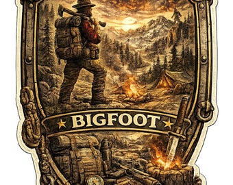 May include: A detailed illustration on a shield shape with the words "SURVIVAL ADVENTURE" and "BIGFOOT". The image depicts a hiker with a backpack, a campfire, mountains, and a tent. A knife is embedded in a tree stump.