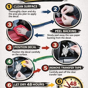 May include: An instructional infographic titled HOW TO APPLY with six numbered steps for applying a white turtle decal. It details cleaning the surface, peeling the backing, positioning the decal, using a yellow squeegee, removing transfer tape, and letting it dry for 48 hours.