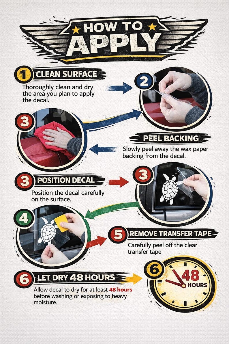 May include: An instructional infographic titled HOW TO APPLY with six numbered steps for applying a white turtle decal. It details cleaning the surface, peeling the backing, positioning the decal, using a yellow squeegee, removing transfer tape, and letting it dry for 48 hours.