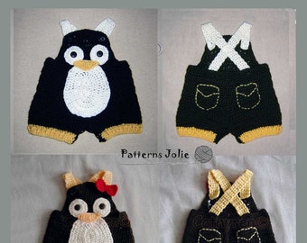 Baby Penguin Overall Shortall, Easy Change Buttons on Crotch, Crohet Pattern 0-18M 4 sizes; A free Ornament pattern downloadable at purchase