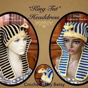 K&ouml;nnte beinhalten: Geh&auml;kelte "King Tut" Kopfbedeckung mit einem gold-schwarzen Streifenmuster und einem blau-goldenen Streifenmuster. Die Kopfbedeckung wird von zwei Mannequins getragen. Die Kopfbedeckung wurde von Betsy geh&auml;kelt.