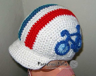 Bike Cap Gorro de ciclismo con correa ajustable en la espalda, patrón de crochet 4 tamaños Bebé-Preadolescente; Se incluye un patrón gratuito de sombrero de gato.