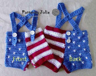 US Flag Baby Shorts, Easy Change with Buttons on Crotch - Crohet Pattern 4 sizes, 0-24M