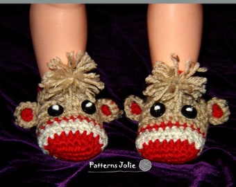 Baby Sock Monkey Booties Set, Crochet Pattern 4 sizes 0-18m