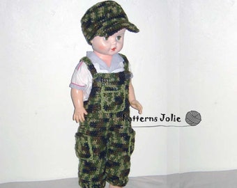 Baby Camouflage overall and Hat, Easy Change with Buttons on Crotch - Crohet Pattern 4 sizes