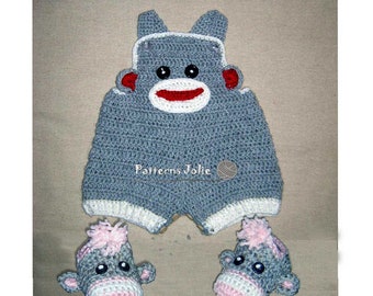 Baby Sock Monkey Overall, shortall and Matching Booties Set, Crochet Pattern