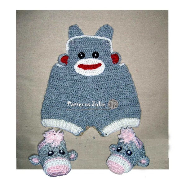 Baby Sock Monkey Overall, shortall and Matching Booties Set, Crochet Pattern