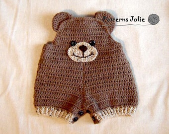 Baby Teddy Bear Overall Shortall, Easy Change with Buttons on Crotch - Crohet Pattern, 4 sizes for Baby-Toddler, 0-24M